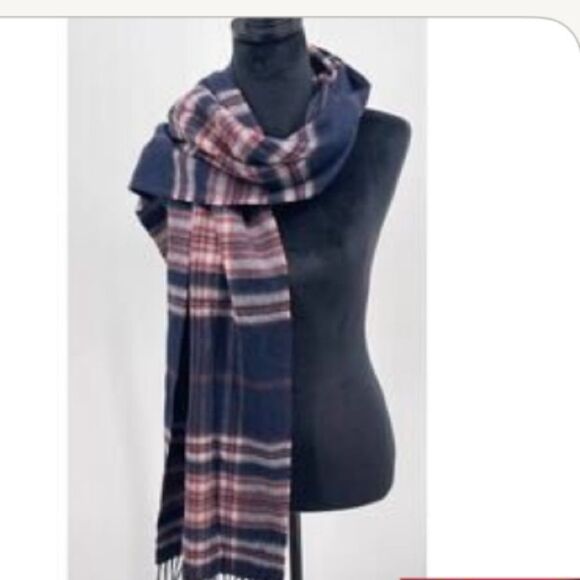 Nordstrom Scarf Fringed Plaid 50% Wool 50% Cashmere Navy Blue Red White 12x73 - Picture 1 of 6